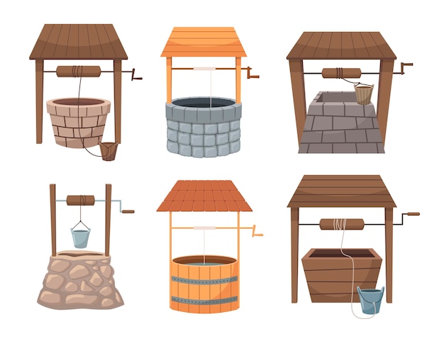 Conjunto de ilustraciones vectoriales planas de pozos de madera y piedra