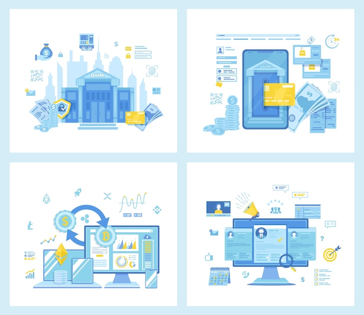 Vector conjunto de ilustraciones vectoriales planas para el servicio financiero de banca móvil por internet en línea cryptocurren