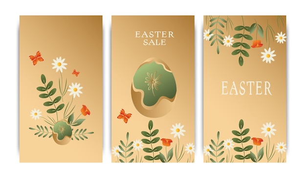 Conjunto de ilustraciones vectoriales plantillas de historias postales tema de pascua conejos coronas y flores huevos de pascua postales degradadas con palabras deseos de feliz pascua