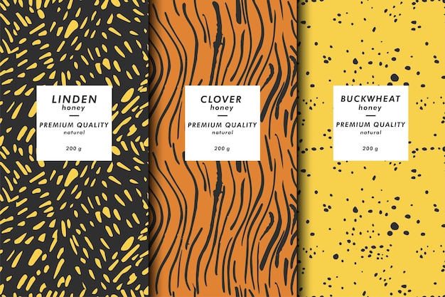 Conjunto de ilustraciones vectoriales de plantillas de portada abstracta contemporánea y patrones para envases de miel