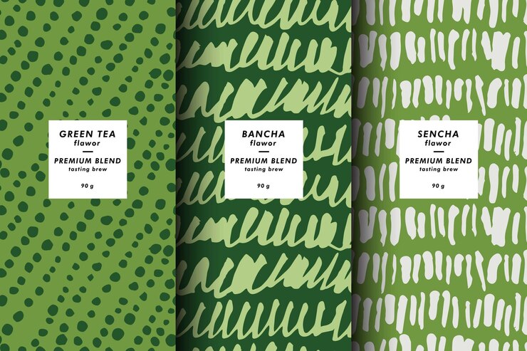 Conjunto de ilustraciones vectoriales de plantillas de portada abstracta contemporánea y patrones para envases de té matcha con etiquetas Fondos modernos mínimos