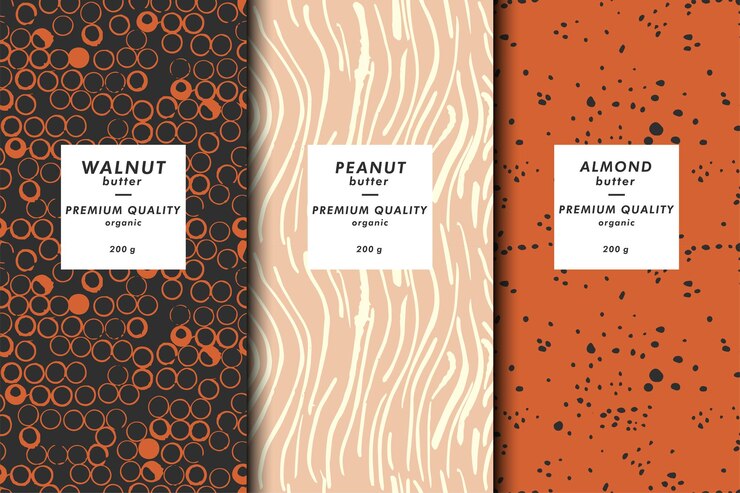 Conjunto de ilustraciones vectoriales de plantillas de portada abstracta contemporánea y patrones para paquete de mantequilla de nueces