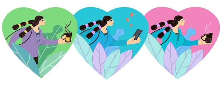 Vector conjunto de ilustraciones vectoriales positivas del cuerpo femenino tres personajes femeninos de dibujos animados dentro de un corazón