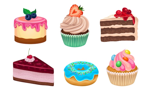 Vector conjunto de ilustraciones vectoriales de postres dulces y sabrosos aislados sobre un fondo blanco colección de diferentes conceptos de tratamientos cremosos