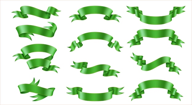 Conjunto de ilustraciones vectoriales realistas con cintas verdes brillantes