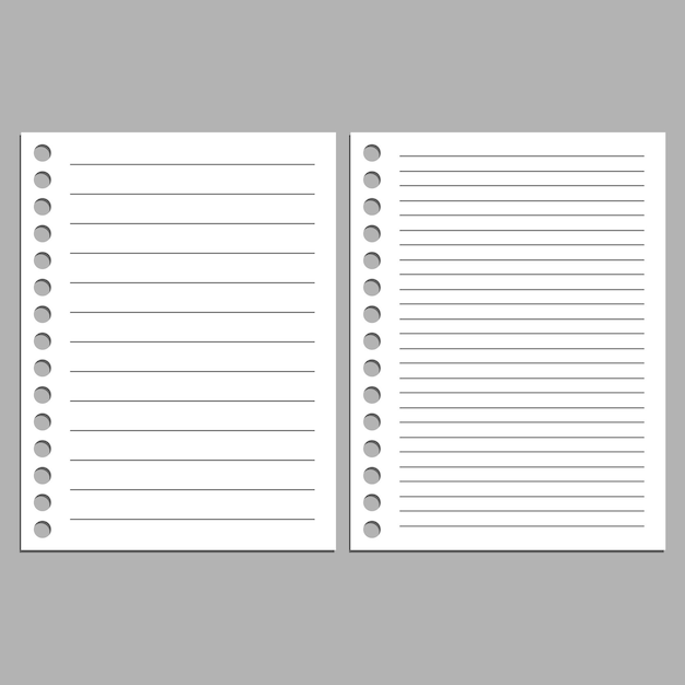 Conjunto de ilustraciones vectoriales realistas de una hoja de papel en blanco de un libro de trabajo con una sombra