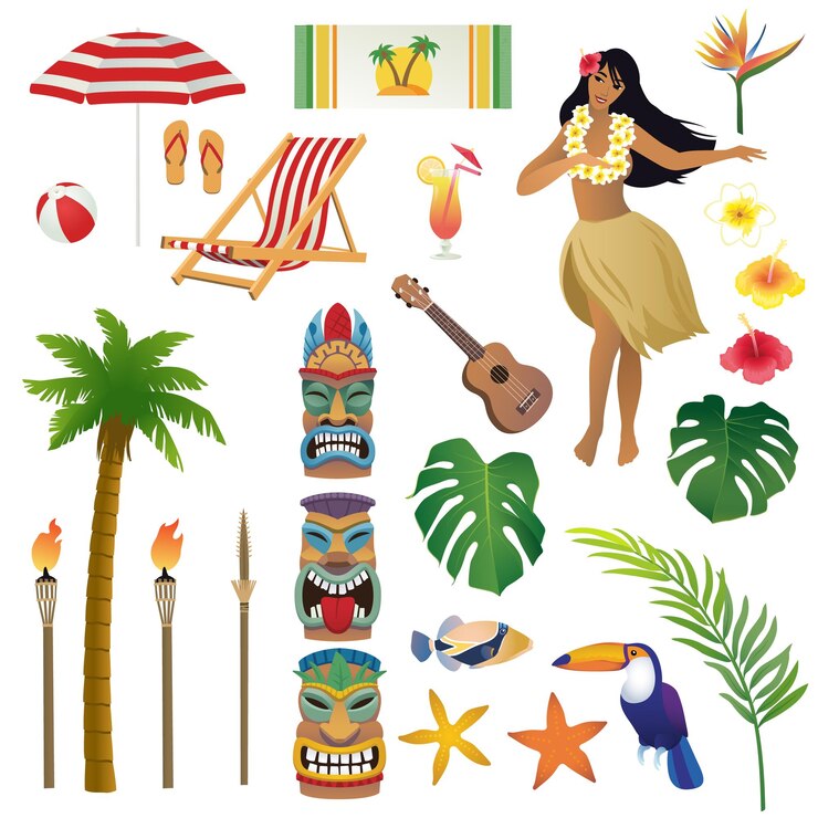 Vector conjunto de ilustraciones vectoriales realistas sobre el tema tropical hawaiano