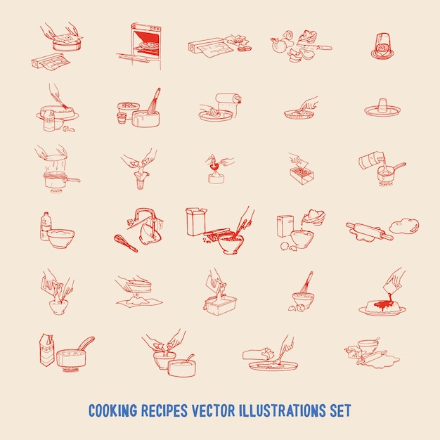 Conjunto de ilustraciones vectoriales de recetas para hornear pasteles de cocina