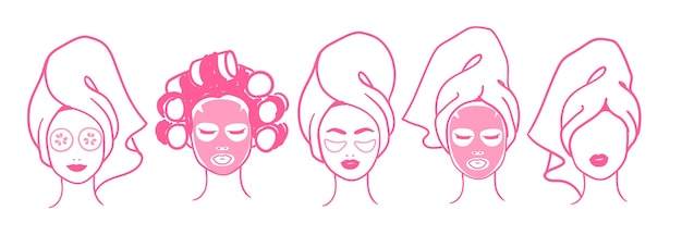 Vector conjunto de ilustraciones vectoriales de retratos femeninos con máscaras faciales envueltas con una toalla para el cabello en color rosa
