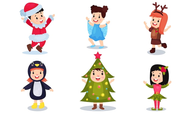 Conjunto de ilustraciones vectoriales con seis niños en diferentes trajes de Navidad o Año Nuevo Papá Noel Floco de nieve Querido pingüino Árbol de Navidad Duende aislado sobre fondo blanco