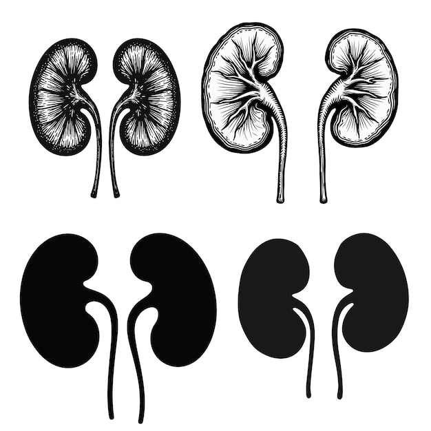 Un conjunto de ilustraciones vectoriales de silueta de riñón humano dibujadas a mano en estilo de grabado anatómico