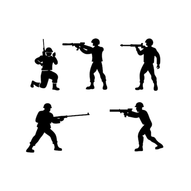 Conjunto de ilustraciones vectoriales de siluetas de grupos de soldados ejército con arma