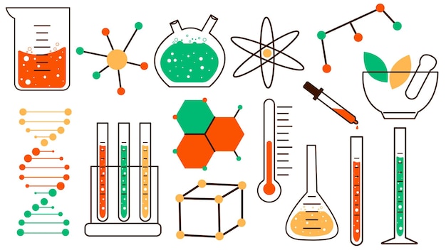 Conjunto de ilustraciones vectoriales simples de química medicina elementos químicos en un estilo simple frascos