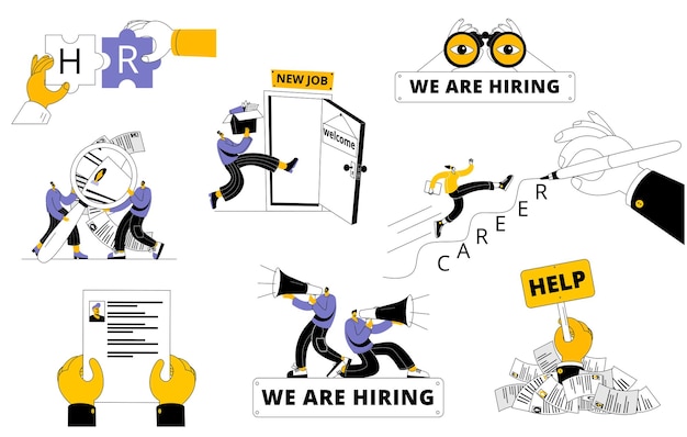 Un conjunto de ilustraciones vectoriales sobre el tema de la creación de equipos y la gestión de los recursos humanos