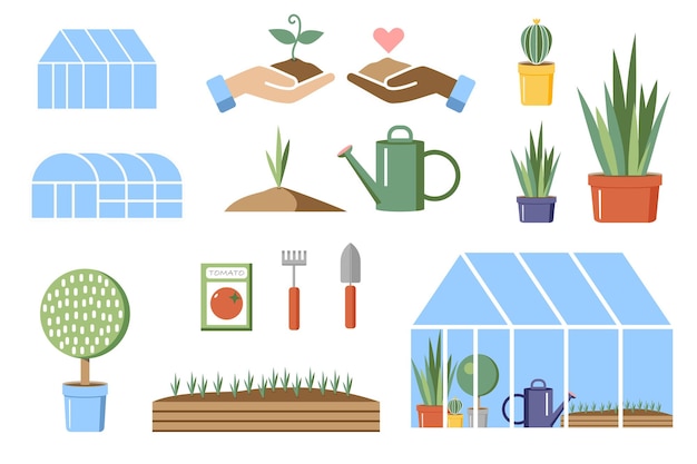 Un conjunto de ilustraciones vectoriales sobre el tema de las plantas y la jardinería.