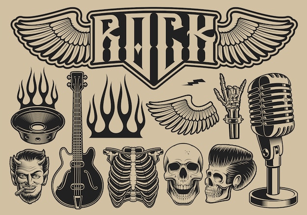 Conjunto de ilustraciones vectoriales sobre el tema del rock roll sobre un fondo claro