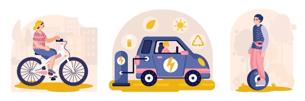 Conjunto de ilustraciones vectoriales sobre el transporte ecológico Recarga con un entorno de ahorro de energía solar