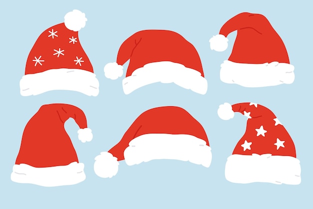 Conjunto de ilustraciones vectoriales de sombreros de Papá Noel para tarjetas de felicitación de sellos digitales