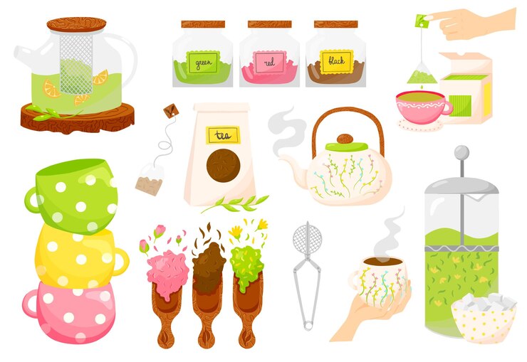 Vector conjunto de ilustraciones vectoriales de té tipos de té copas de té diseño de tetera ceremonia de té
