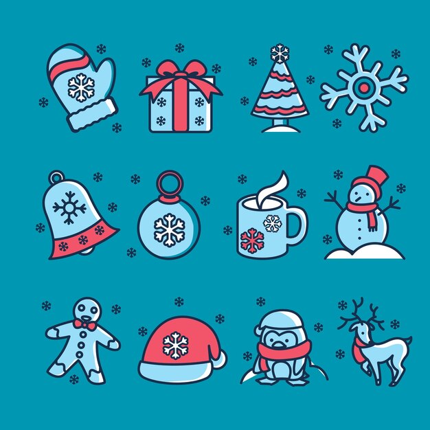 Un conjunto de ilustraciones vectoriales con temática navideña en ornamento navideño azul azul azul