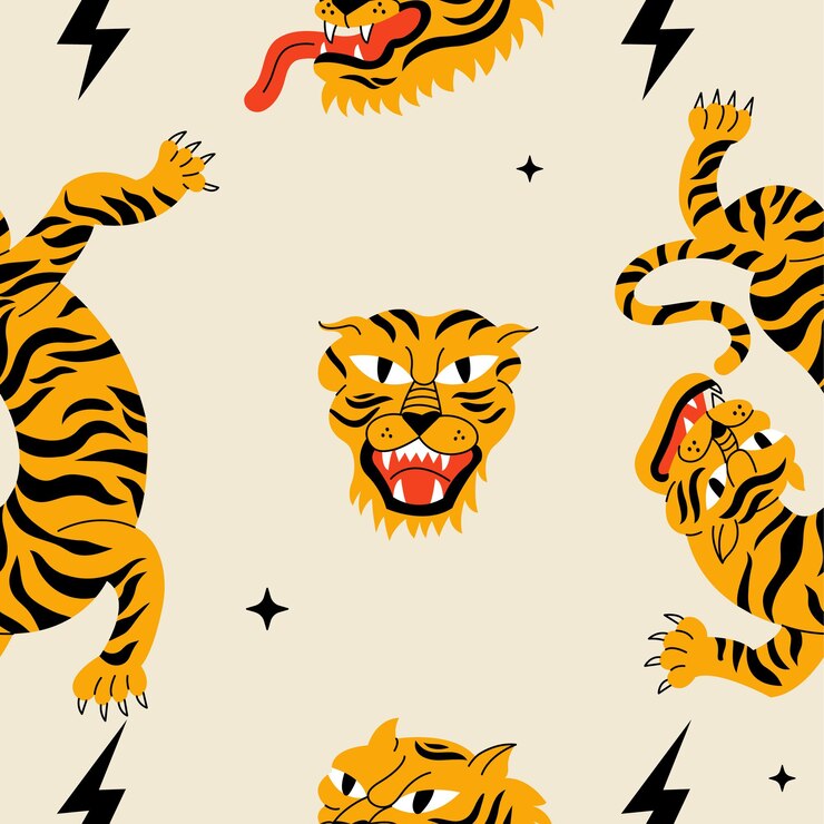 Conjunto de ilustraciones vectoriales con tigre caminante y cabeza de tigre Personaje animal de dibujos animados Patrón sin costuras
