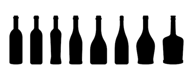 Conjunto de ilustraciones vectoriales de tipos de botellas de vino o vector de silueta de botella de vino