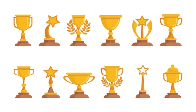 Conjunto de ilustraciones vectoriales de trofeos dorados de diferentes formas. Copas de oro para ganadores de competiciones deportivas, premios o premios aislados de fondo blanco. Competencia, éxito, concepto de logro