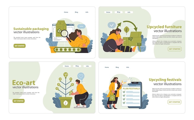 Un conjunto de ilustraciones vectoriales de upcycling un conjunto visual convincente que incluye envases sostenibles ecoart