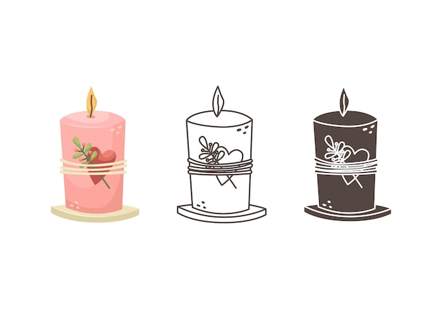Conjunto de ilustraciones vectoriales de una vela decorada con un corazón y una rama de una planta. ilustración para el día de san valentín en contornos, estilo plano y sencillo.