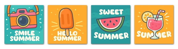 Conjunto de ilustraciones vectoriales de verano Adhesivos cuadrados temáticos de verano con elementos de vacaciones
