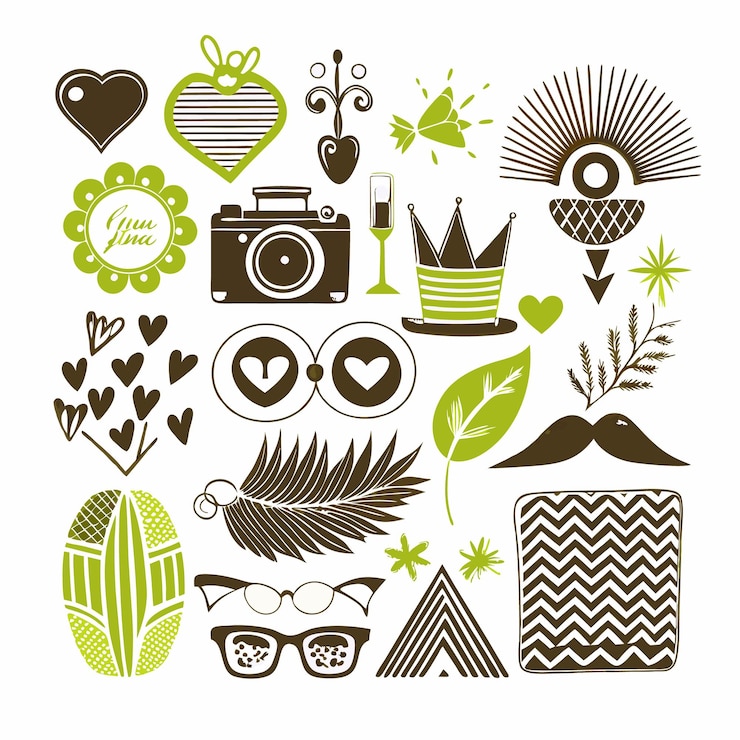 Vector conjunto de ilustraciones verdes y marrones con corazones cámara corona gafas hojas y más