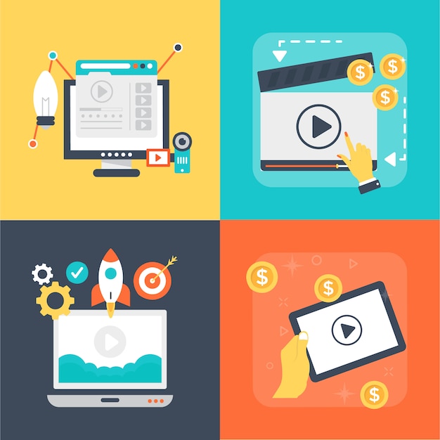 Conjunto de ilustraciones de Video Marketing Vector