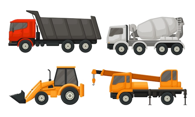 Conjunto ilustrado de vectores especiales de maquinaria agrícola y de construcción aislado en fondo blanco Colección de conceptos de transporte de la industria