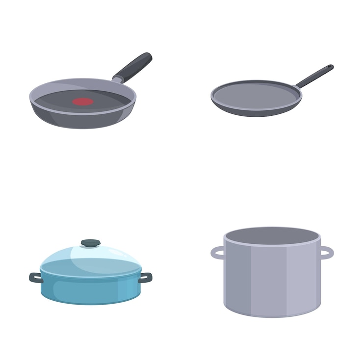 Vector conjunto ilustrativo de diferentes utensilios de cocina, incluida una sartén y ollas