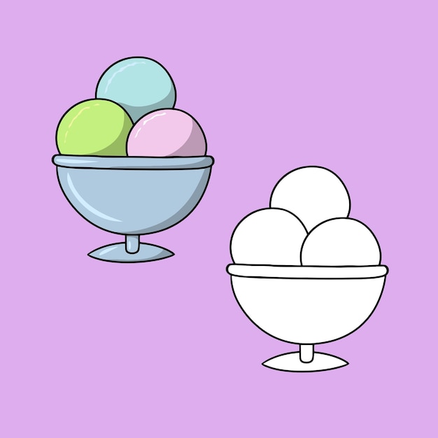 Un conjunto de imágenes de bolas de helado de frutas en una caricatura vectorial de vidrio plateado