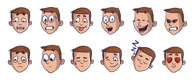 Conjunto de imágenes de la cabeza con diferentes expresiones emocionales. emoji dibujos animados caras que transmiten varios sentimientos.