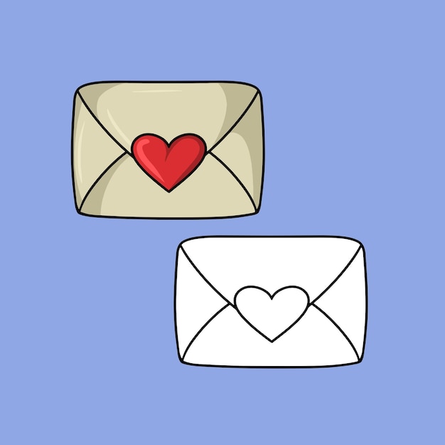 Un conjunto de imágenes, una carta de amor, un gran sobre cerrado vintage con una caricatura de vector de corazón