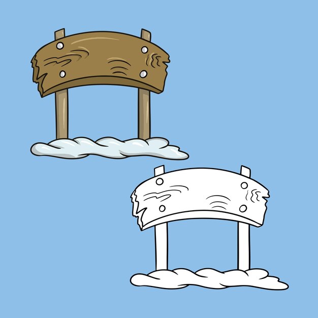 Un conjunto de imágenes, un cartel cuadrado de madera marrón sobre dos pilares, un puesto en la nieve, un vector en dibujos animados