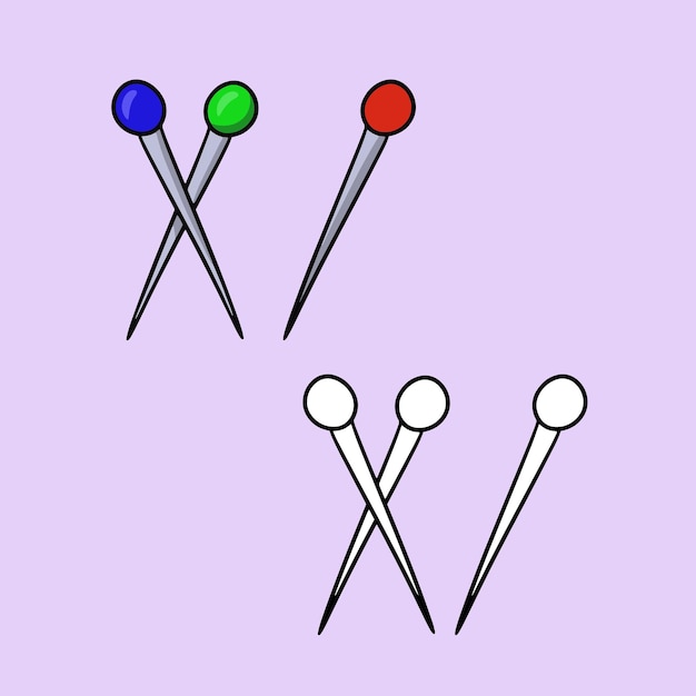Un conjunto de imágenes, un conjunto de alfileres de metal para una costurera, una caricatura vectorial