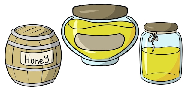 Un conjunto de imágenes de contenedores de recolección de miel con ilustración de vector de miel amarilla en estilo de dibujos animados