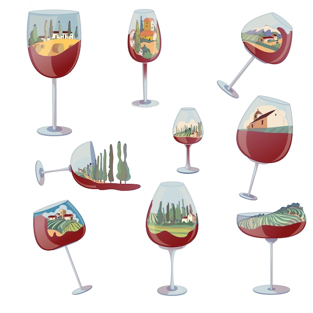 Conjunto de imágenes de copas de vino con un paisaje en su interior.