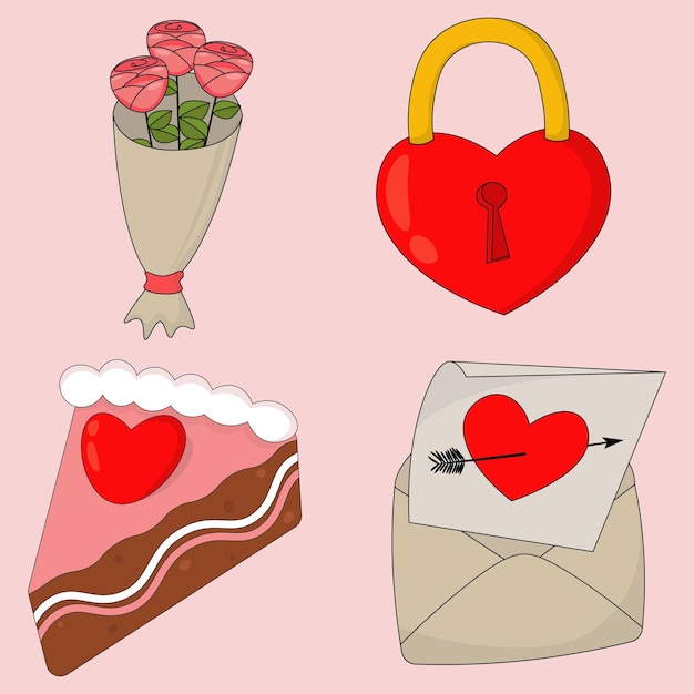 Conjunto de imágenes del día de san valentín con ramo de flores amor pastel de bloqueo y sobre con carta