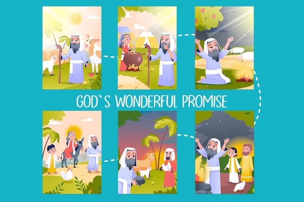 Conjunto de imágenes Dios maravillosa promesa en diseño de dibujos animados plano Este conjunto de ilustraciones muestra escenas