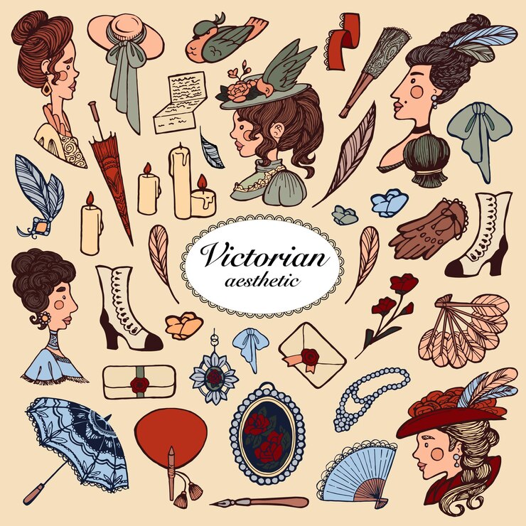 Vector conjunto de imágenes de la época victoriana retratos de mujeres accesorios y partes de ropa