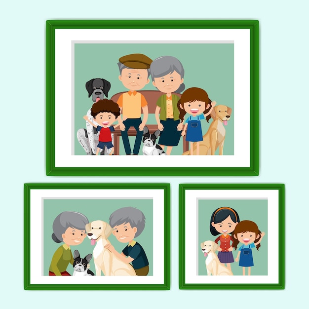 Conjunto de imágenes familiares felices en estilo de dibujos animados de marcos