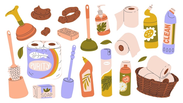 Conjunto de imágenes de inodoro Produtos de higiene para las necesidades naturales del cuerpo Artículos para el interior del baño Produtos de limpieza y desinfección para mantener las condiciones sanitarias en la habitación Ilustración vectorial