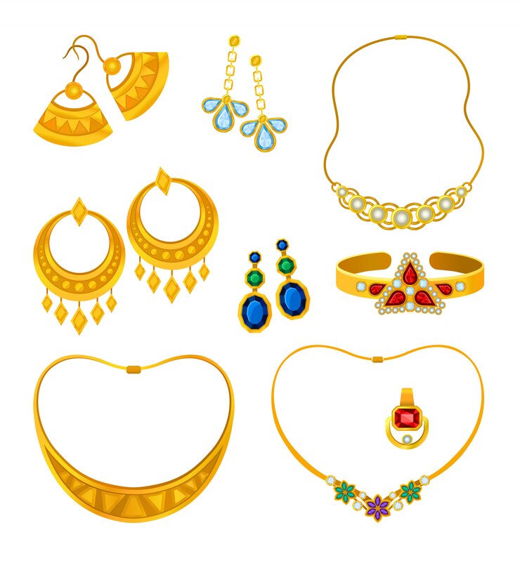 Vector conjunto de imágenes de joyas de oro con piedras preciosas. ilustración.