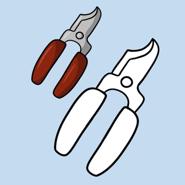 Un conjunto de imágenes de un libro para colorear Pruner con manijas rojas herramienta de jardín para podar plantas ilustración vectorial