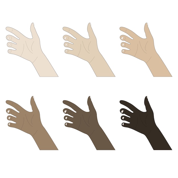 Un conjunto de imágenes de manos humanas vectoriales de diferentes tonos de piel