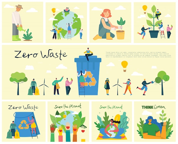 Conjunto de imágenes de medio ambiente eco guardar. Personas que cuidan del collage del planeta. Cero desperdicio, piense en verde, salve el planeta, nuestro texto escrito a mano en casa en el diseño plano